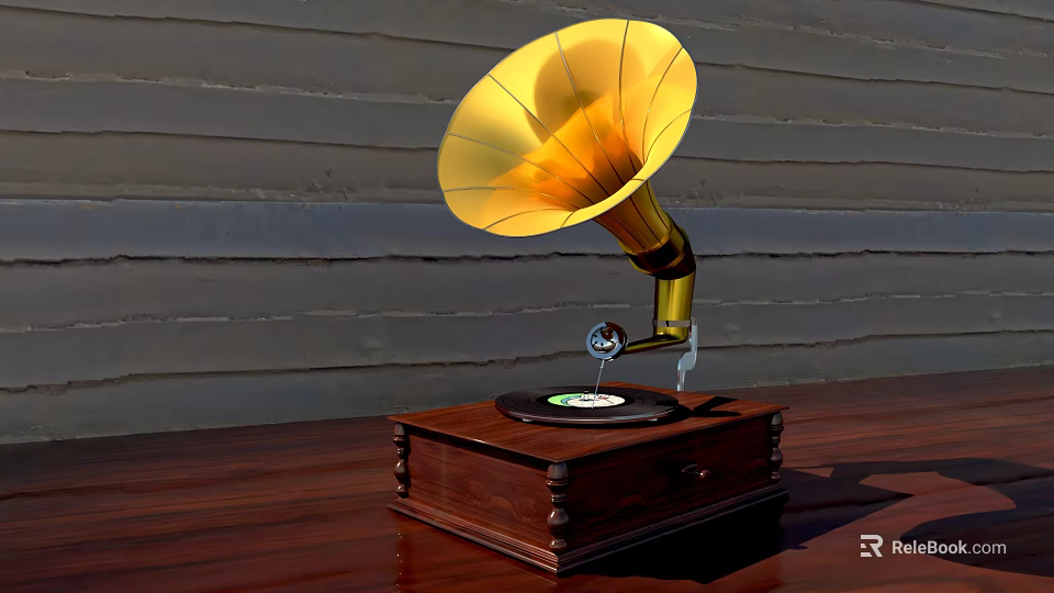 Vintage Audio Gramophone with Golden Horn and Wooden Base Playing Vinyl 3d model 