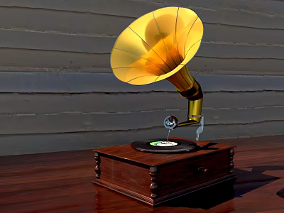 Vintage Audio Gramophone with Golden Horn and Wooden Base Playing Vinyl 3d model