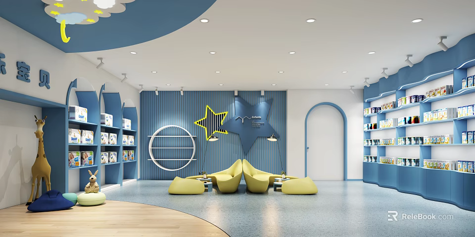 Modern Kids Store Interior With Star Decor Blue Yellow Shelves And Comfortable Sofa Seating 3d model 