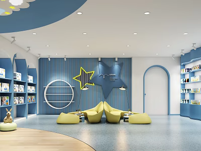 Modern Kids Store Interior With Star Decor Blue Yellow Shelves And Comfortable Sofa Seating 3d model