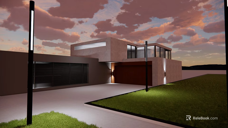 Modern Single Family Home With Large Glass Windows Garage And Green Lawn At Sunset 3d model 