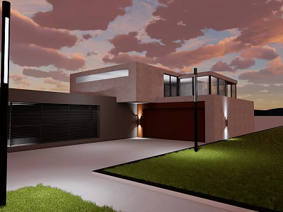 Modern Single Family Home With Large Glass Windows Garage And Green Lawn At Sunset 3d model