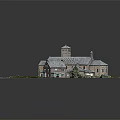Cartoon Scene of Charming Building with Bell Tower Gray Roof Green Lawn and Small House