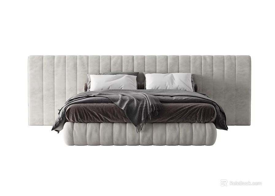 Modern Double Bed With Light Gray Tufted Headboard And Dark Bedding 3d model