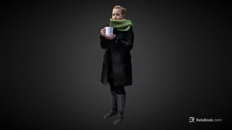 A Woman Wearing Black Coat And Green Scarf Holding White Cup Standing Against Dark Background 3d model 
