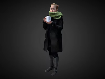 A Woman Wearing Black Coat And Green Scarf Holding White Cup Standing Against Dark Background 3d model