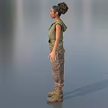 Game Movie Female Character in Green Sleeveless Vest Brown Cargo Pants Boots with Outstretched Arms