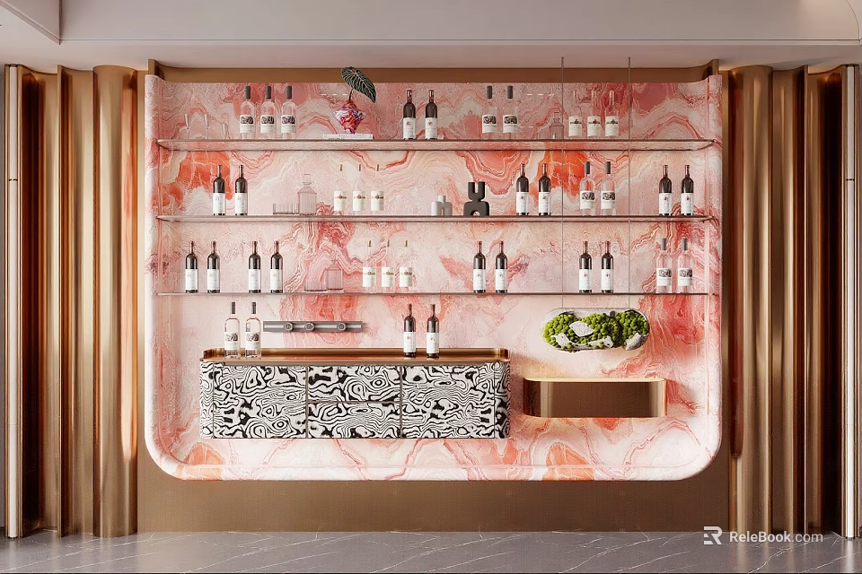 Modern Wine Cabinet with Glass Shelves Pink Marble Backdrop Golden Accents and Patterned Doors 3d model 