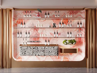 Modern Wine Cabinet with Glass Shelves Pink Marble Backdrop Golden Accents and Patterned Doors 3d model