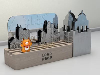 Corporate Custom Decorative Ornament With Orange Cartoon Figure City Skyline LOGO And Wooden Base 3d model