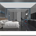 Modern Hotel Room With White Bedding Sofa TV Bright Window And Blue Accent Lighting