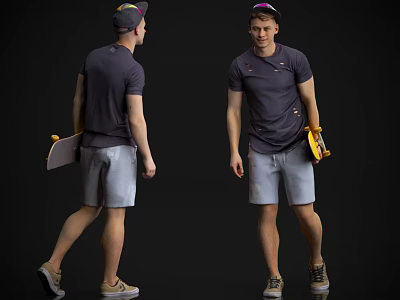 Man In Gray T Shirt And Shorts With Cap Holding Skateboard From Two Angles 3d model