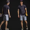 Man In Gray T Shirt And Shorts With Cap Holding Skateboard From Two Angles