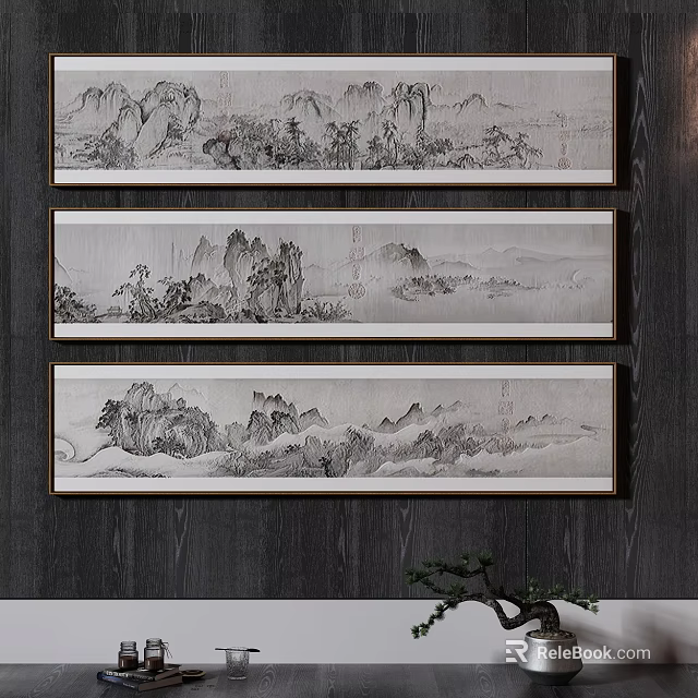 Three Chinese Landscape Paintings Hanging On Dark Wooden Wall With Green Plant 3d model 