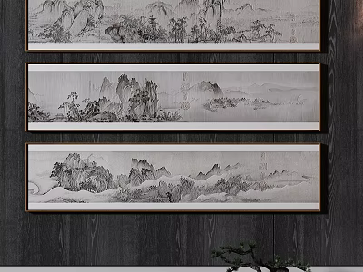 Three Chinese Landscape Paintings Hanging On Dark Wooden Wall With Green Plant 3d model