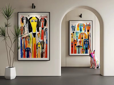 Colorful Animal Paintings In Modern Interior With Archway Plant And Person 3d model