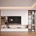 Modern TV Stand Design With White Wood Cabinet Open Shelves Glass Doors And Decorations