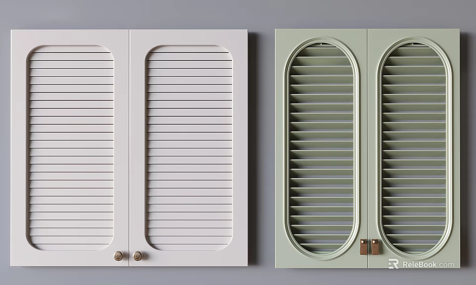 Double Panel Round Design White And Light Green Shutters With Brass Handles 3d model
