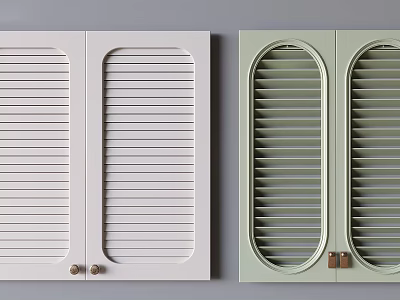 Double Panel Round Design White And Light Green Shutters With Brass Handles 3d model