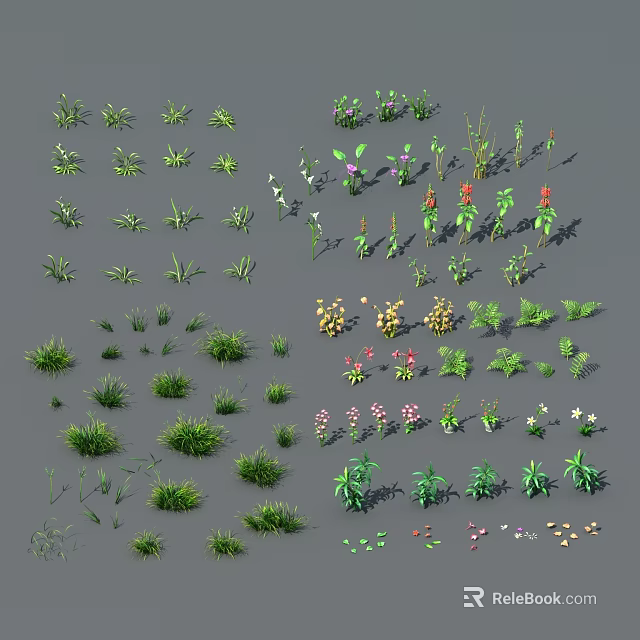 Various Green Plants Grass Tufts And Flowers In Different Forms Collection 3d model