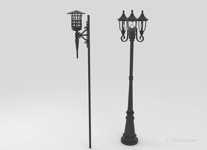 Classic Style Black Outdoor Furniture With Wall Mounted And Floor Standing Lamp Posts 3d model 