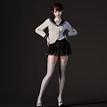 Woman Wearing Sailor Style Top Pleated Skirt And White Thigh High Socks