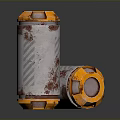 Rusted Metal Cylindrical Devices With Orange Top And Base Red Glowing Sections Standing And Lying