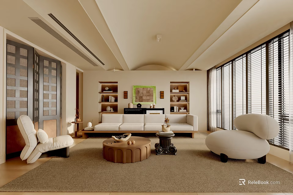 Modern Living Room Interior Design With White Sofa Large Windows Decorative Shelves And Modern Chairs 3d model 