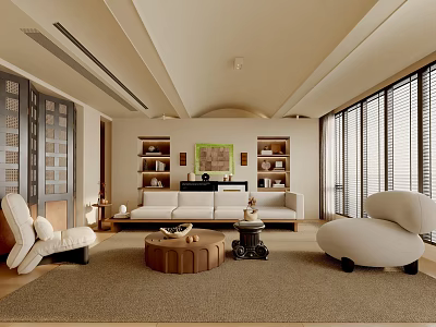 Modern Living Room Interior Design With White Sofa Large Windows Decorative Shelves And Modern Chairs 3d model