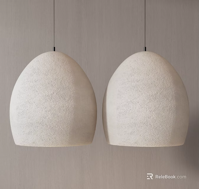 Two Beige Textured Oval Shaped Pendant Lights Hanging On Minimalist Wall 3d model 