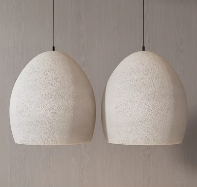 Two Beige Textured Oval Shaped Pendant Lights Hanging On Minimalist Wall 3d model