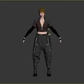 Woman With Blonde Short Hair In Brown Cropped Top Dark Cargo Pants And Boots
