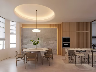 Minimalist Modern Restaurant Interior With Circular Ceiling Pendant Light Dining Table And Wooden Cabinets 3d model
