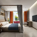 Modern Hotel Room Featuring Canopy Bed Natural Light Through Window And Wall Decor 3d model