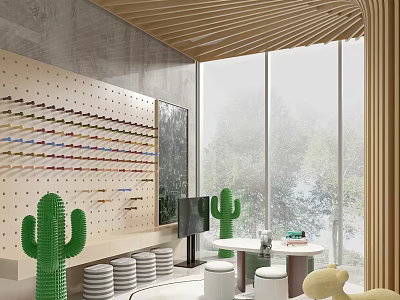 Preschool Interior With Cactus Decor Circular Seats And Large Windows 3d model