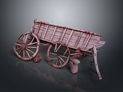 Vintage Wooden Wagon With Large Spoked Wheels And Rustic Wooden Planks 3d model