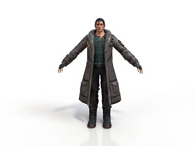 Man Standing with Arms Outstretched Wearing Long Coat Green Shirt Black Pants and Boots 3d model