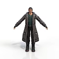 Man Standing with Arms Outstretched Wearing Long Coat Green Shirt Black Pants and Boots