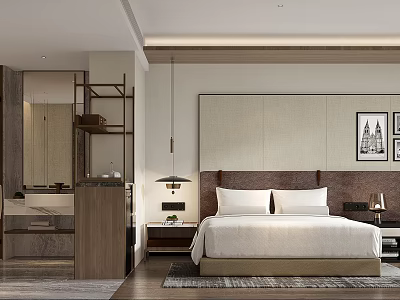 Modern Hotel Guest Room With Upholstered Headboard White Bedding Wooden Nightstands And Table Lamps 3d model