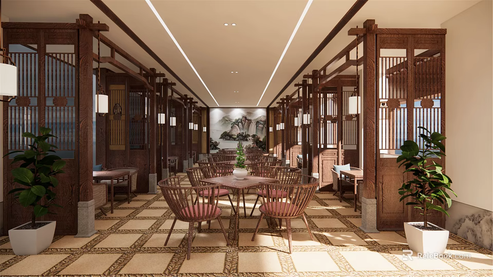 Chinese Style Restaurant Interior With Wooden Structures Traditional Screens Pendant Lights And Round Tables 3d model 