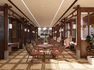 Chinese Style Restaurant Interior With Wooden Structures Traditional Screens Pendant Lights And Round Tables 3d model