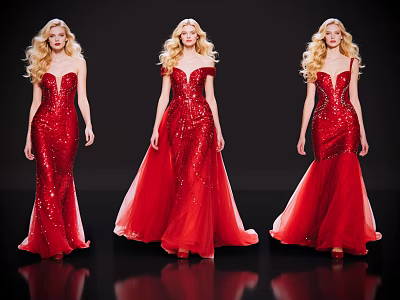 Three Blonde Women in Red Sequin Evening Dresses Standing in Elegant Poses 3d model