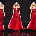Three Blonde Women in Red Sequin Evening Dresses Standing in Elegant Poses