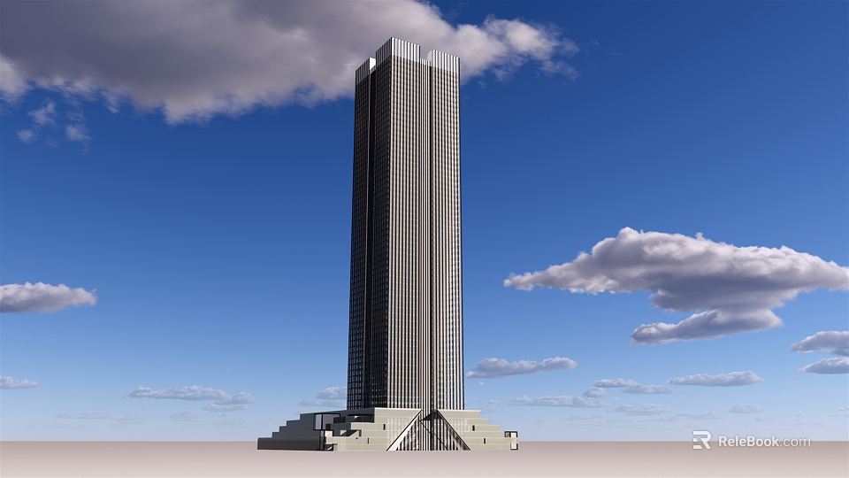 Modern High Rise Office Building Featuring Glass Facade Against Blue Sky White Clouds 3d model 