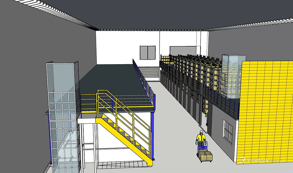 Industrial Warehouse Space With Yellow Stairs Worker Carrying Boxes And Storage Racks 3d model 