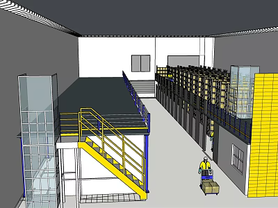 Industrial Warehouse Space With Yellow Stairs Worker Carrying Boxes And Storage Racks 3d model