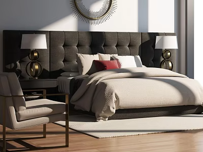 Double Bed With Dark Tufted Headboard Red White Pillows Gold Lamps Accent Chair Round Mirror 3d model