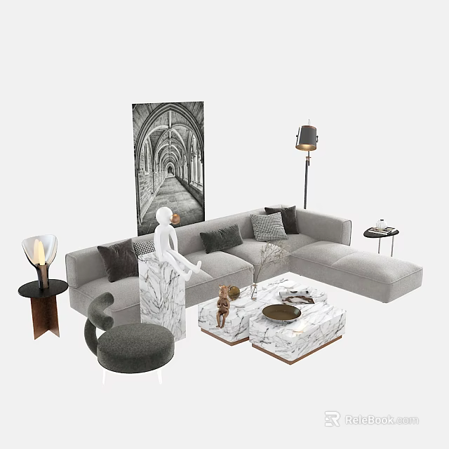 Modern Gray L shaped Sofa And Marble Coffee Table Set With Plush Pillows Black White Archway Wall Art 3d model 