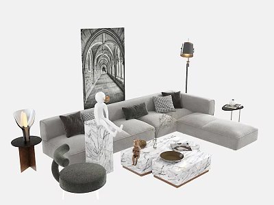 Modern Gray L shaped Sofa And Marble Coffee Table Set With Plush Pillows Black White Archway Wall Art 3d model