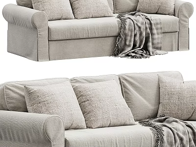 Light Gray Multi Seater Sofa With Cushions And Blankets 3d model